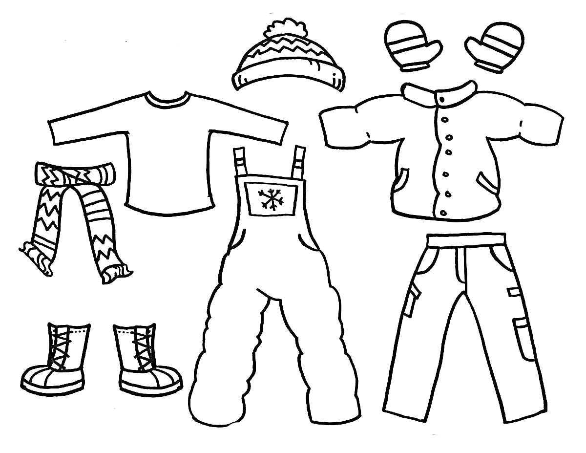 Детская зимняя одежда - свитер, шапка с помпоном, варежки, шарф, зимний комбинезон, куртка с пуговицами, ботинки, брюки