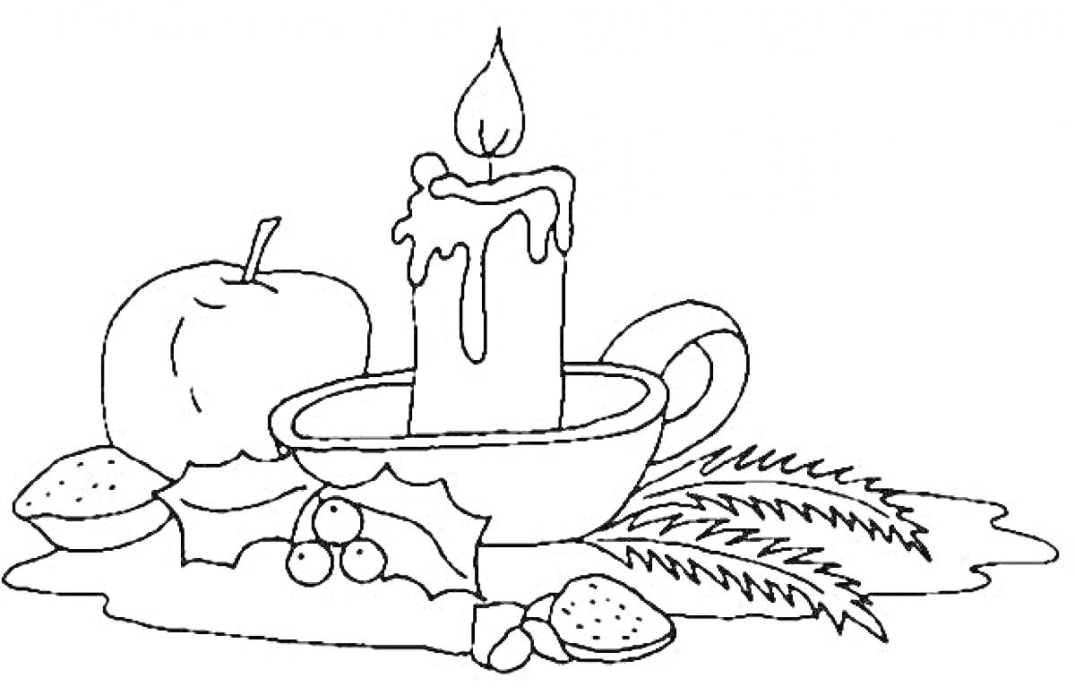 Раскраска Яблоко, свеча в подсвечнике, веточки ели, ягоды остролиста и пирожные