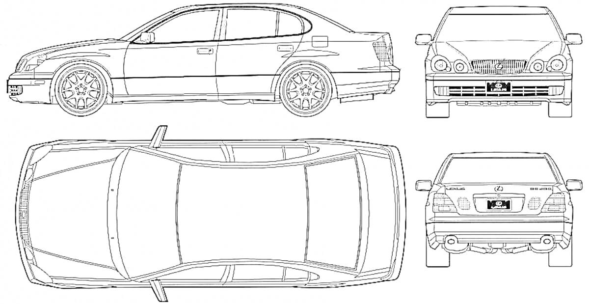 Раскраска Раскраска автомобиля Toyota Crown с видами сбоку, спереди, сзади и сверху