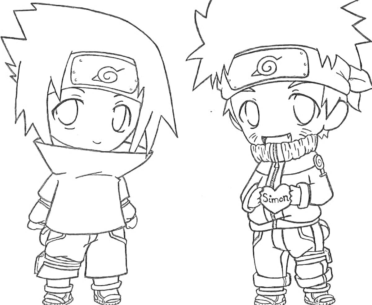 Раскраска Два персонажа в стилистике аниме с повязками на головах, стоящие рядом