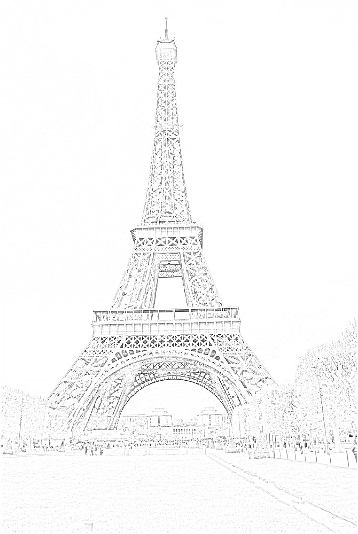На раскраске изображено: Эйфелева башня, Париж, Архитектура, Достопримечательности, Франция, Туристы, Деревья, Парк
