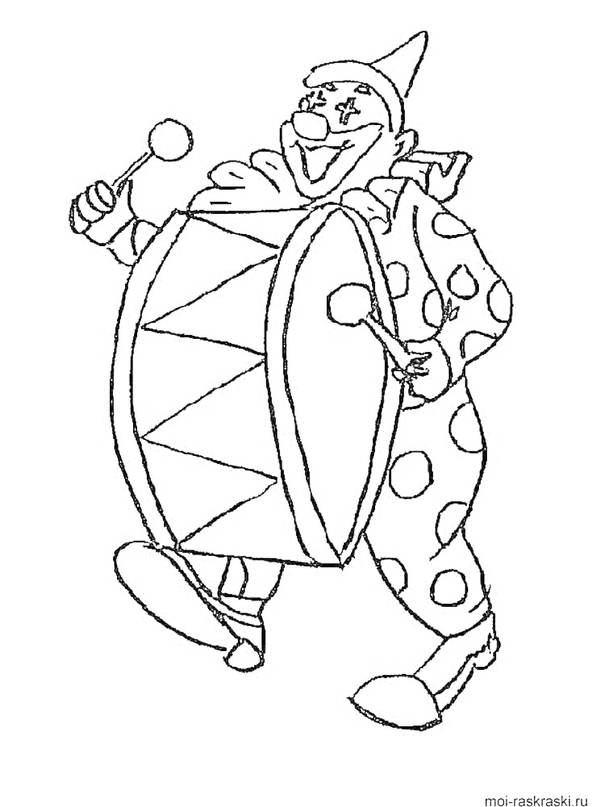 Раскраска Клоун с барабаном и палочками для барабана