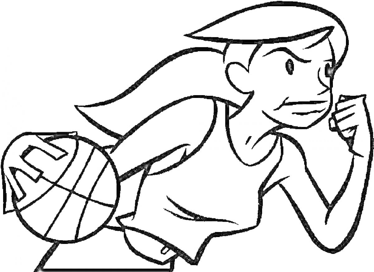 Раскраска Девушка с баскетбольным мячом, бегущая влево