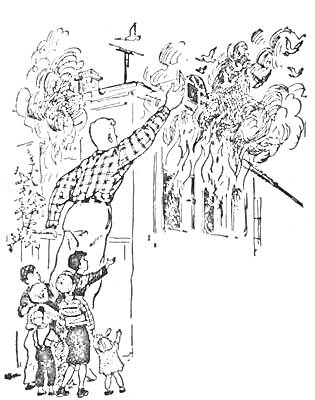 Раскраска Дядя Степа спасает ребенка из горящего здания, дети наблюдают