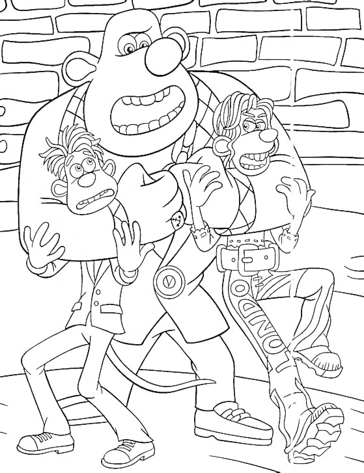 Раскраска Два испуганных персонажа в костюмах и высоких ботинках в заложниках у большого мышиного гангстера, кирпичная стена на заднем плане.