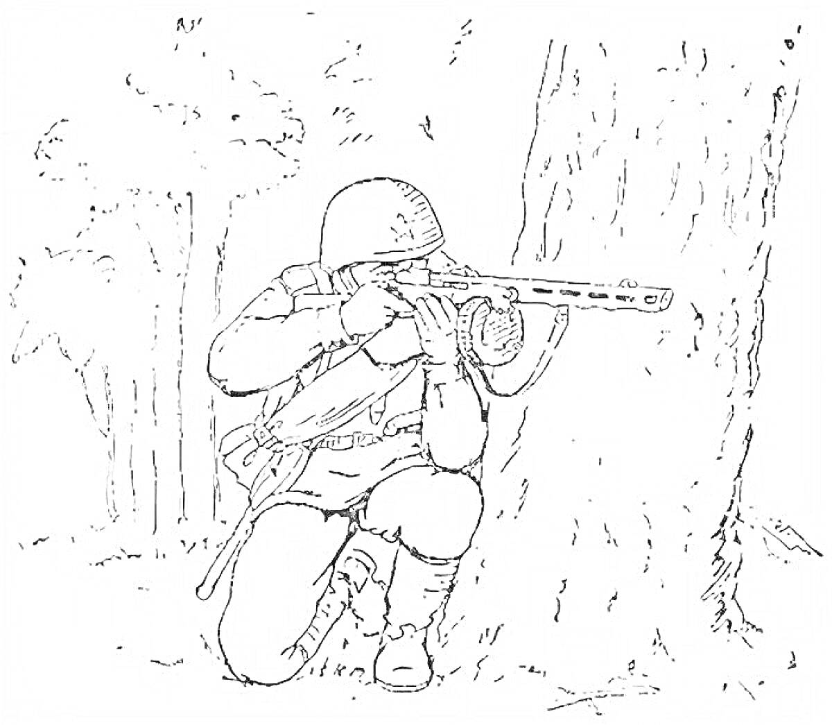 Раскраска солдат с автоматом прячется за деревом в лесу