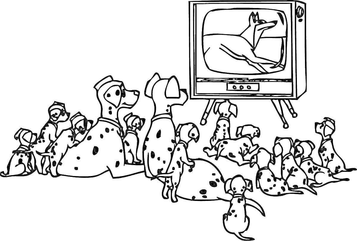 На раскраске изображено: Телевизор, 101 далматинец, Животные