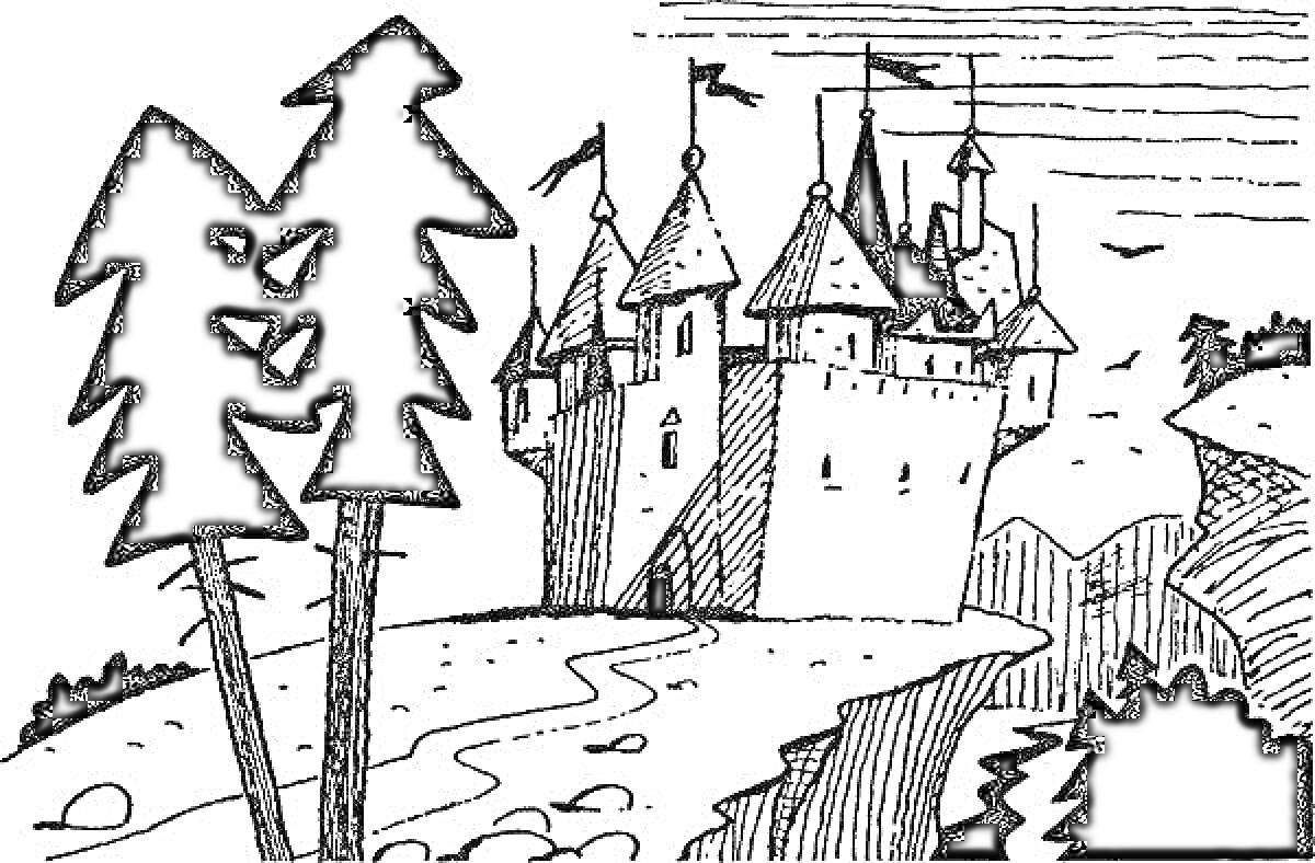 На раскраске изображено: Замок, Утёс, Деревья, Башни, Холмы, Небо, Королевство кривых зеркал