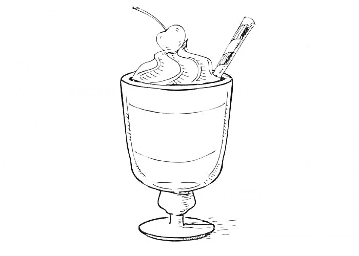На раскраске изображено: Молочный коктейль, Стакан, Взбитые сливки, Вишня, Напиток