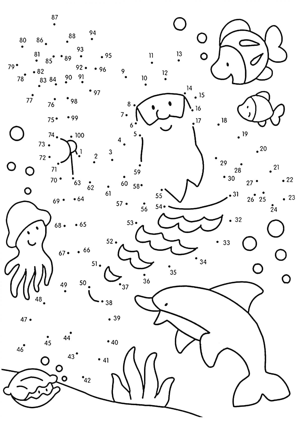 На раскраске изображено: Подводный мир, Раковина, Точки, Для детей, Рыба, Дельфины, Осьминоги, Развивающие игры