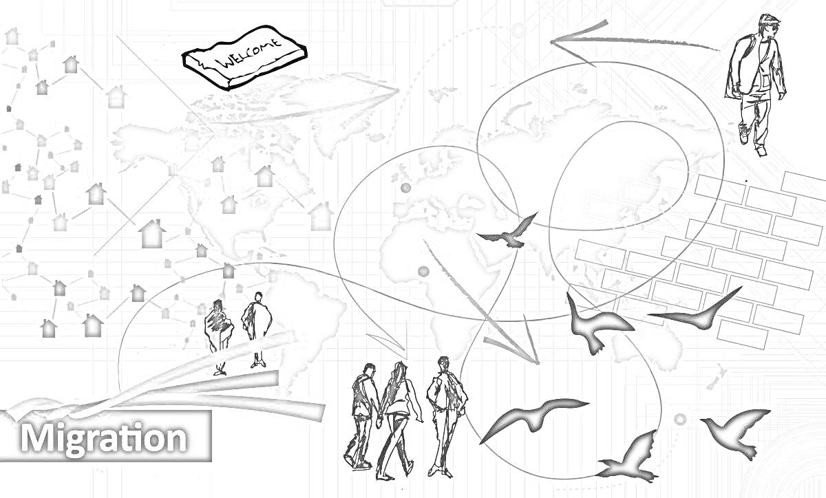Раскраска глобальная карта миграции с изображением документов, людей, карт мира, домов и птиц