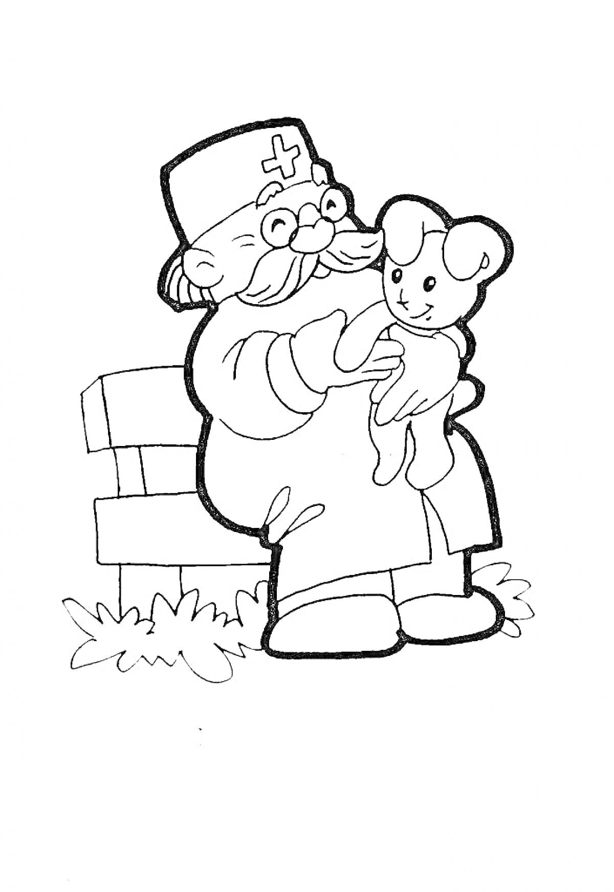 Раскраска Доктор Айболит с игрушечным медвежонком на скамейке