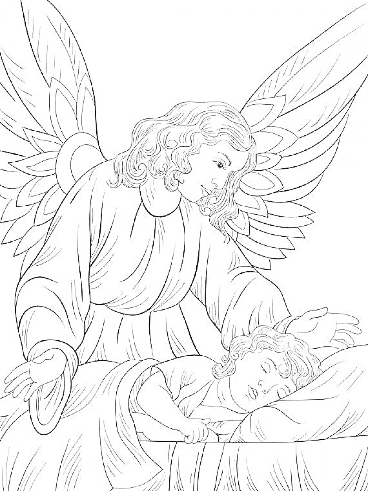 На раскраске изображено: Ангел, Хранитель, Ребенок, Сон, Крылья, Защита, Забота, Доброта