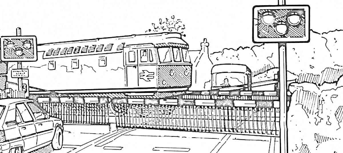 На раскраске изображено: Железнодорожный переезд, Поезд, Светофор, Рельсы, Движение, Безопасность, Транспорт