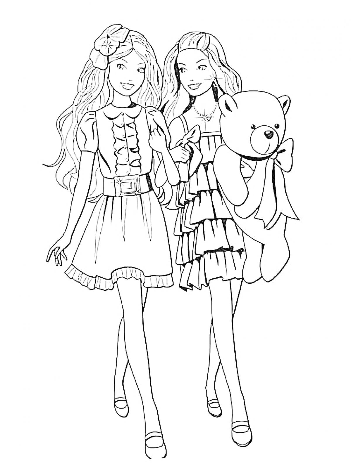 Раскраска Барби и подруга в платьях с плюшевым медведем