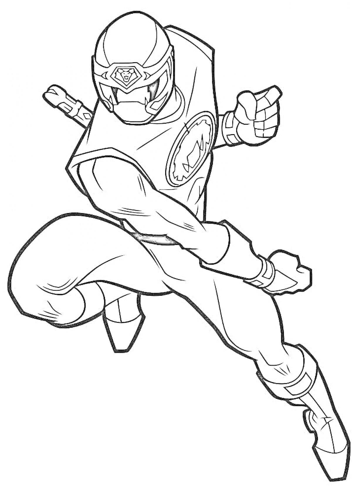 Раскраска Супергерой рейнджер в прыжке с поднятым кулаком