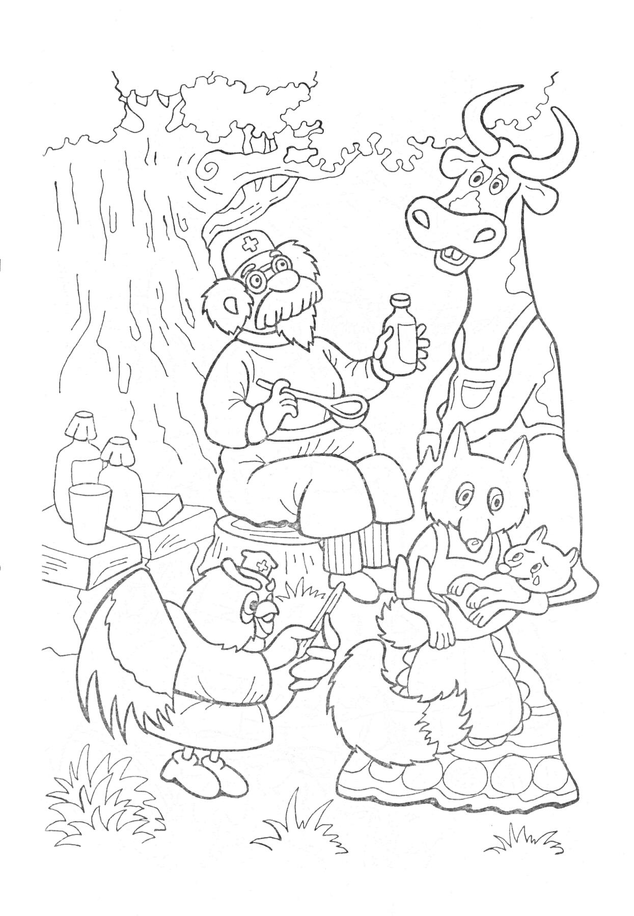 Раскраска Доктор Айболит лечит животных в лесу (корова, лиса с лисенком, сова)