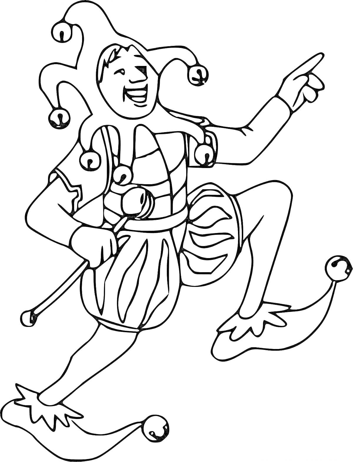 Раскраска Шут в костюме с бубенцами, указывающий рукой