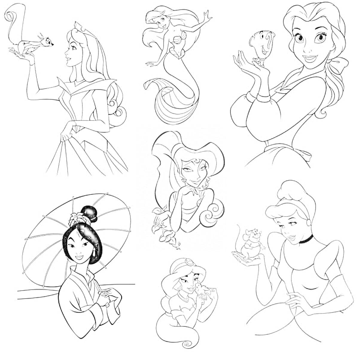Раскраска Принцессы Дисней. Принцессы Аврора, Ариэль в двух образах (русалка и с хвостом), Бель с чашкой, Мулан с веером, Ариэль с ракушкой, Золушка