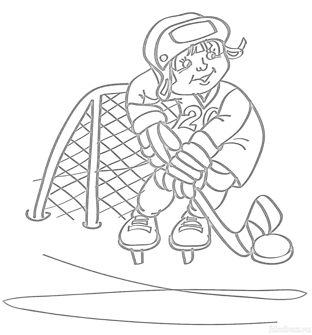 На раскраске изображено: Хоккей, Мальчик, Ворота, Клюшка, Шайба, Спорт, Для детей, Зимний спорт
