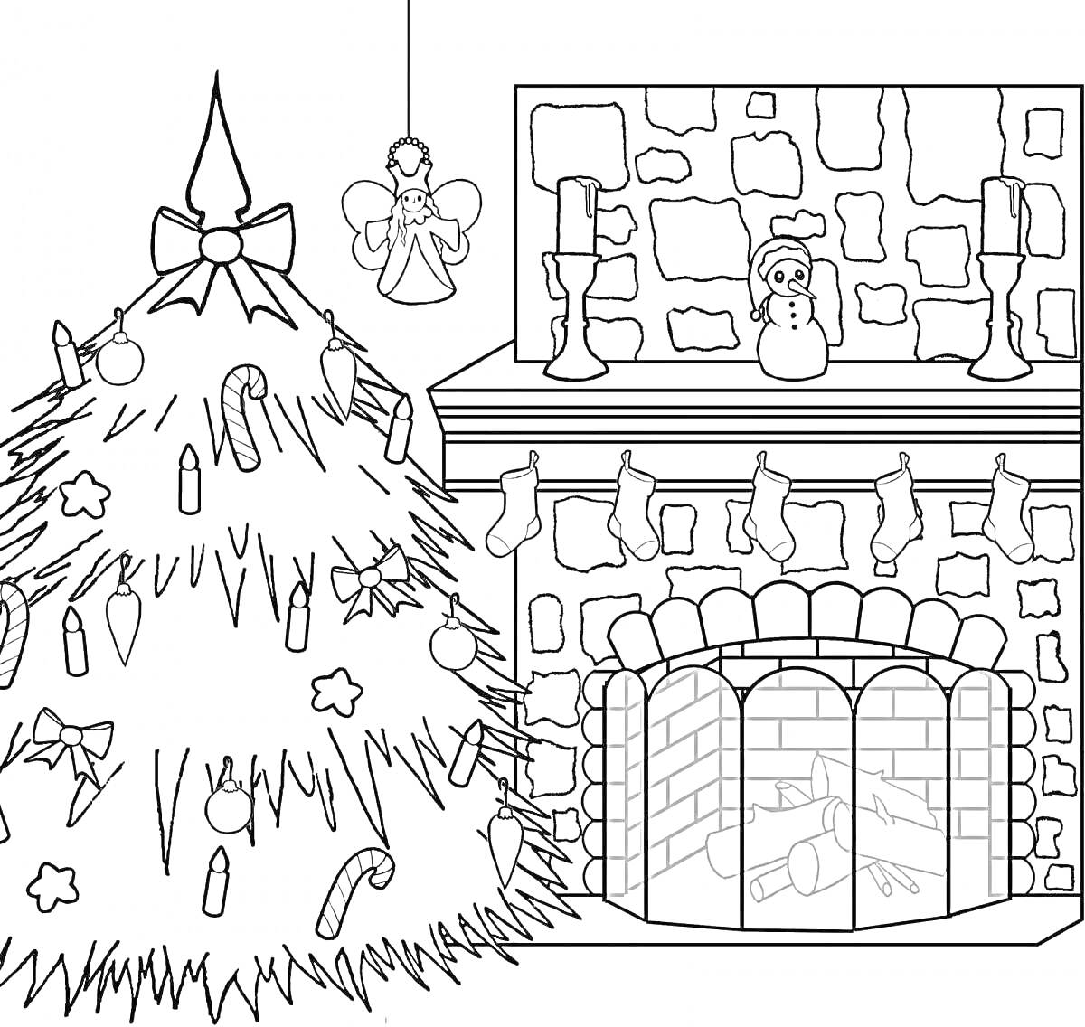 Раскраска Новогодняя комната с украшенной ёлкой, камином, чулками, ангелом и свечами