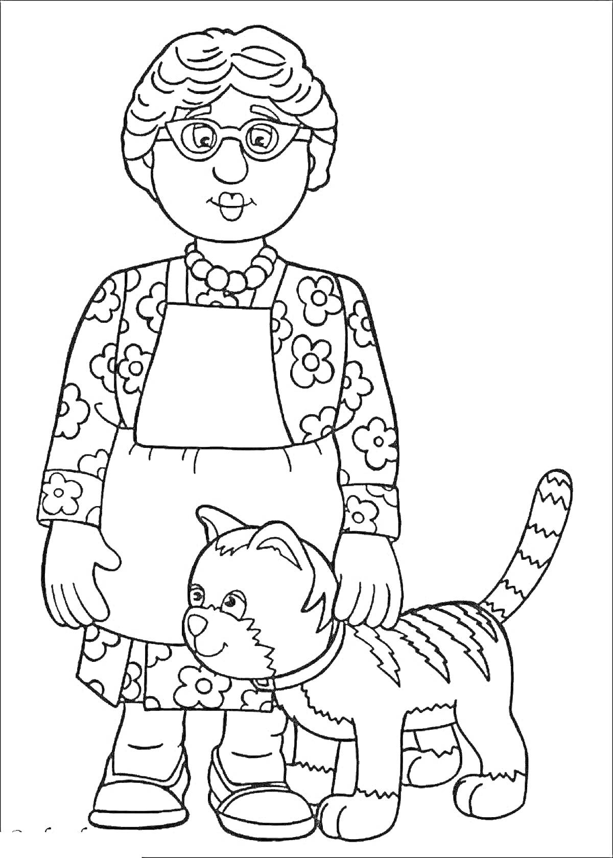 Раскраска Бабушка с кошкой, в фартуке и очках