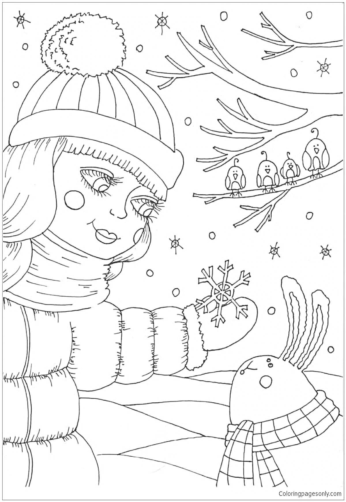 На раскраске изображено: Февраль, Зима, Девочка, Кролик, Шарф, Снег, Ветка, Шапка, Природа