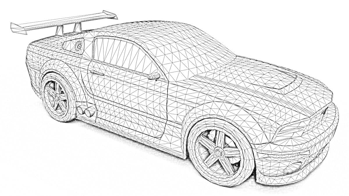 На раскраске изображено: Спортивный автомобиль, Антикрыло, Колёса, Детали кузова