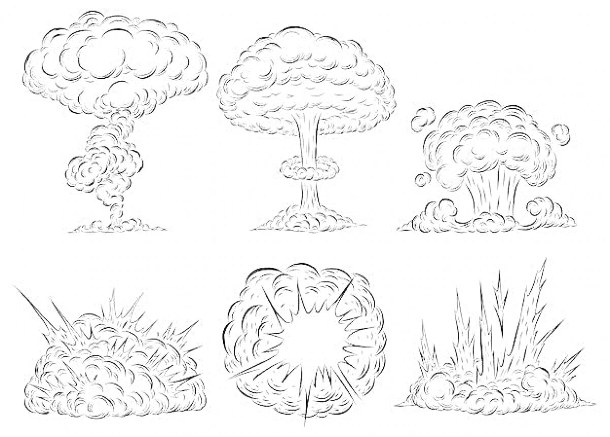 Раскраска Различные виды взрывов: три атомных гриба, химический взрыв, взрывная волна, огненные всплески