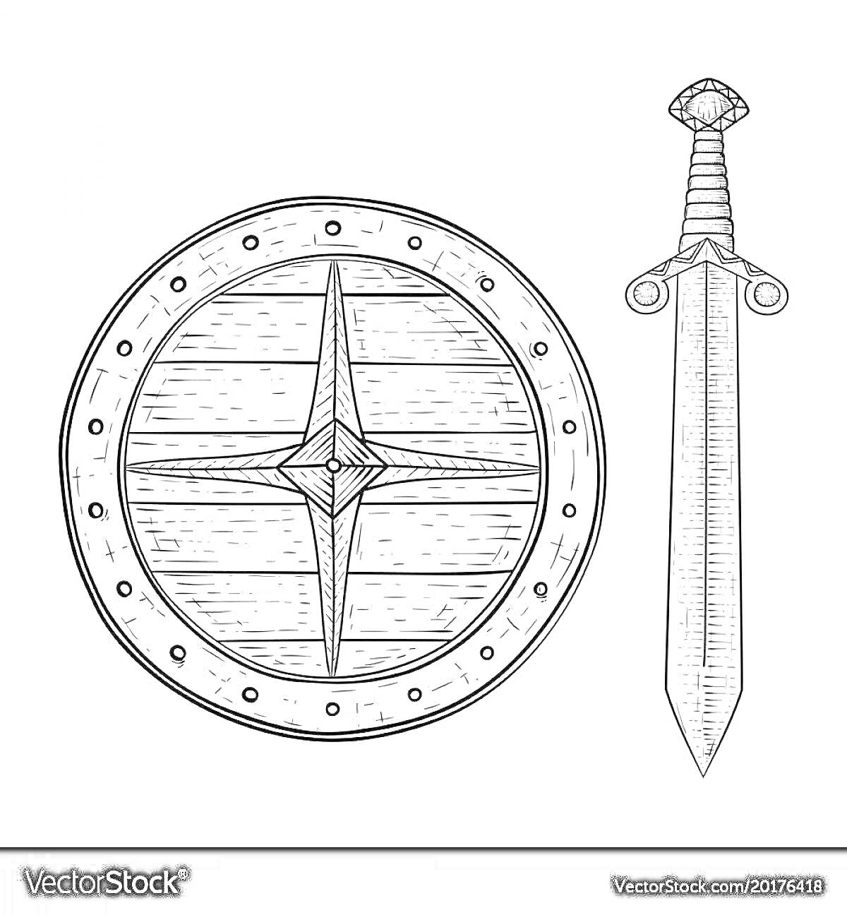 Раскраска деревянный круглый щит с узором из центральной звезды и меч с украшенной рукоятью