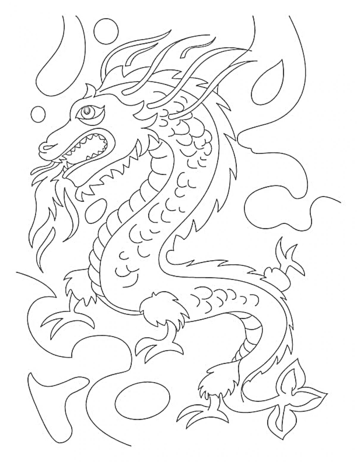 На раскраске изображено: Китайский дракон, Узоры, Завитки, Мифология, Фэнтези