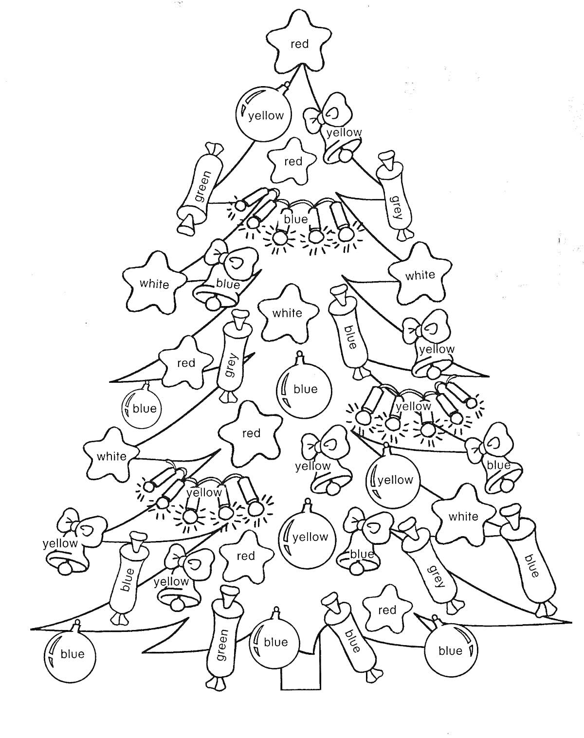 Раскраска Елка, украшенная звездочками, подарками, шарами, колокольчиками, хлопушками и бантами