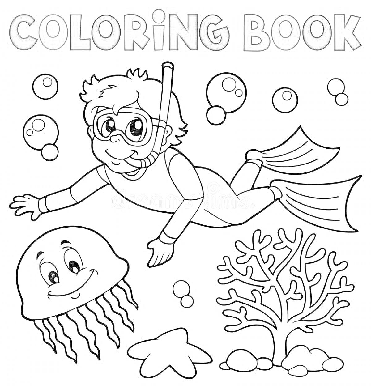 На раскраске изображено: Водолаз, Медуза, Пузыри, Подводный мир, Для детей, Подводное плавание, Море