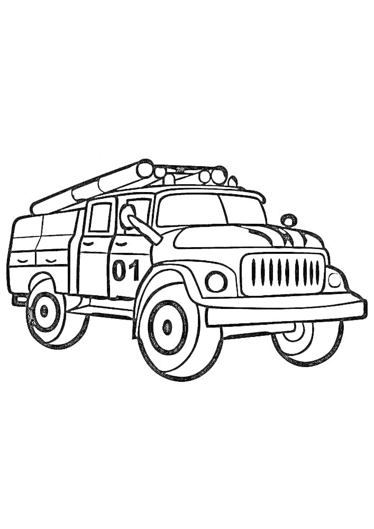 На раскраске изображено: Пожарная машина, Авто, Лестница, Номер 01, Служебная машина