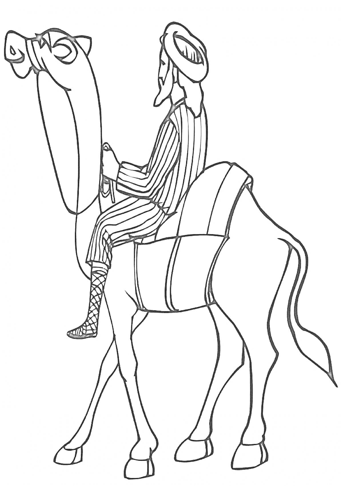 На раскраске изображено: Всадник, Верблюд, Традиционная одежда, Животные, Мужчина, Пустыня, Для детей, Путешествия