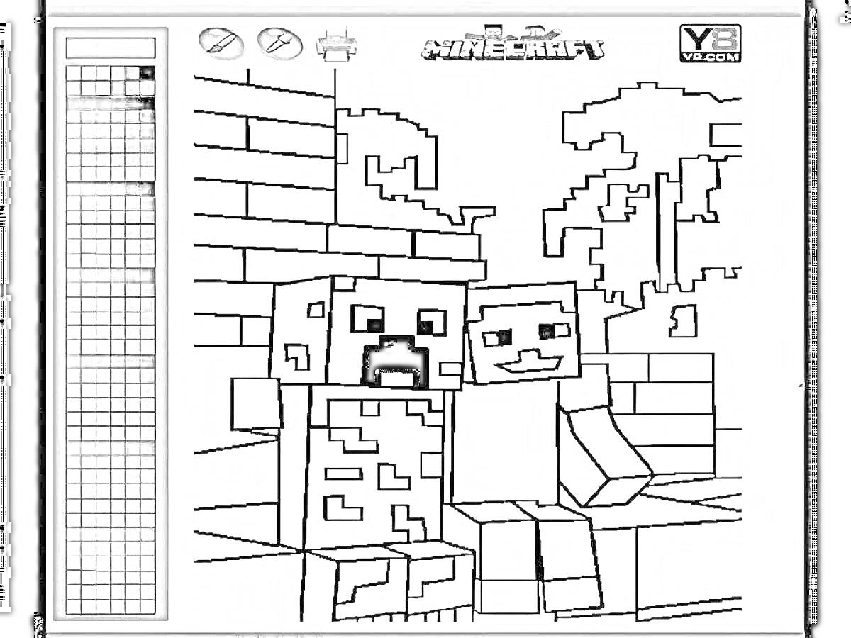 На раскраске изображено: Майнкрафт, Крипер, Стив, Деревья, Облака, По цифрам, Пиксельная графика, Игра