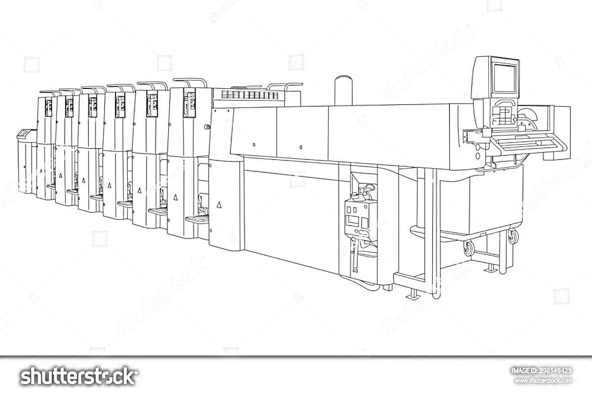 Раскраска Типографская печатная машина с несколькими секциями и консольным управлением