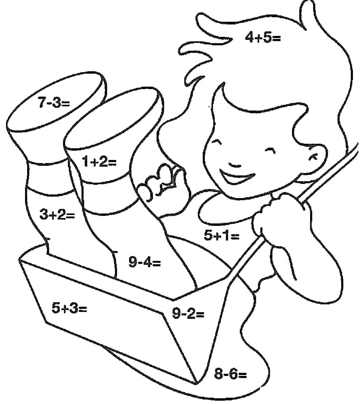 Раскраска Девочка на качелях с примерами для сложения и вычитания