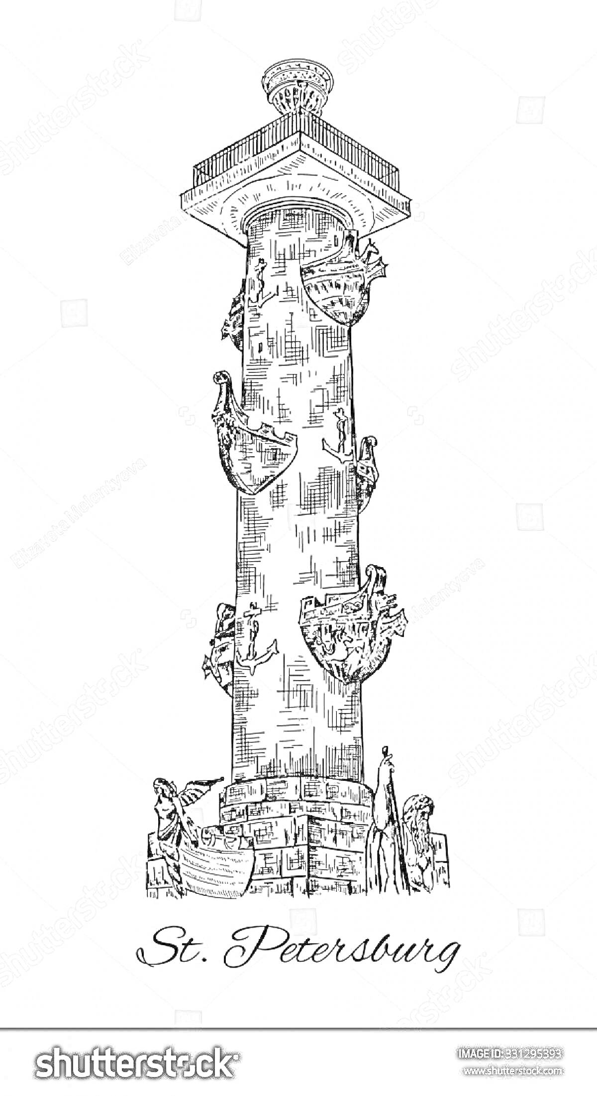Рисунок Ростральной колонны со скульптурами корабельных носов, розеток и фигурами у основания в Санкт-Петербурге