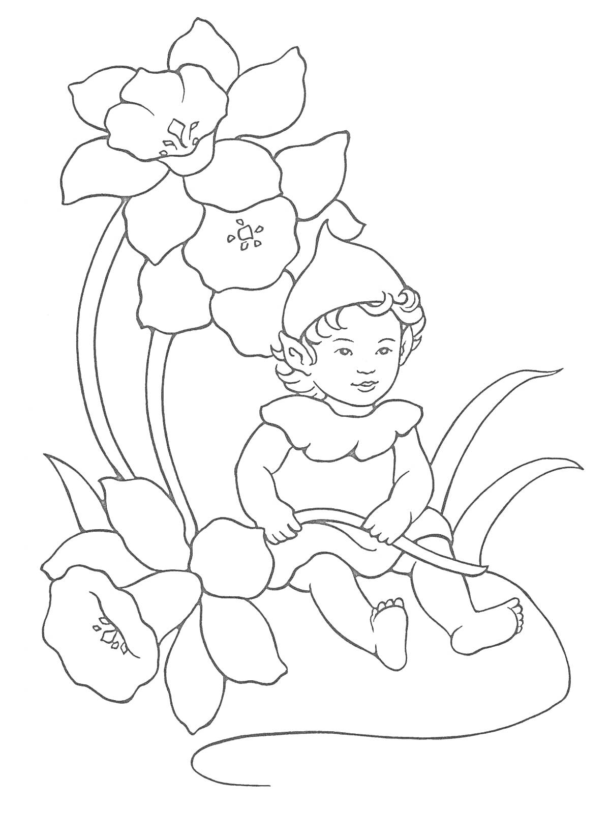 Раскраска Эльф среди цветов