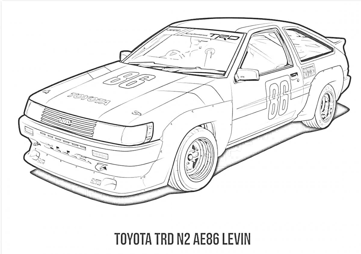 Раскраска Toyota TRD N2 AE86 Levin с наклейками и деталями на капоте, дверях и крыше