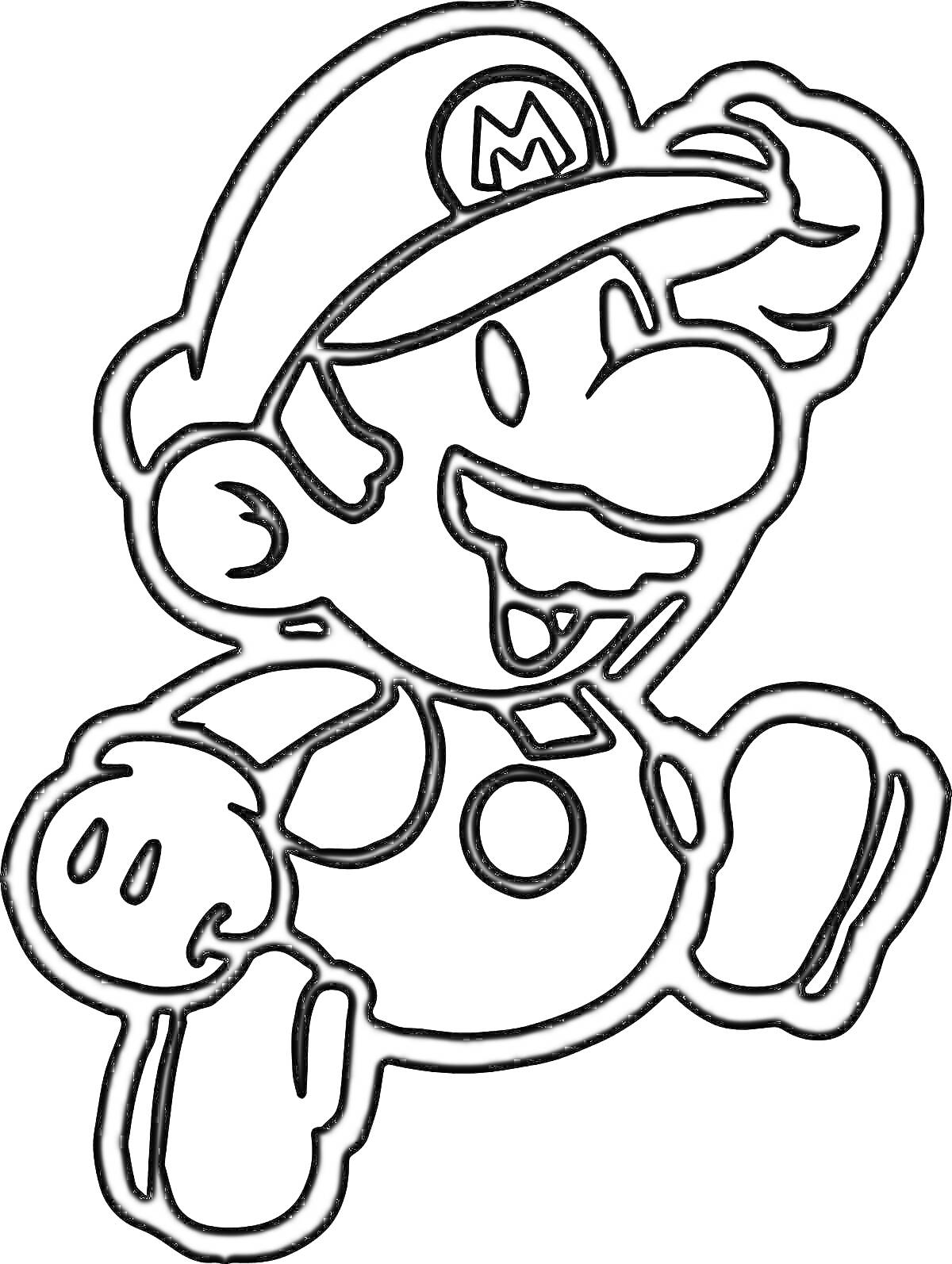 Раскраска Супер Марио в кепке с буквой M, улыбающийся и поднимающий правую руку