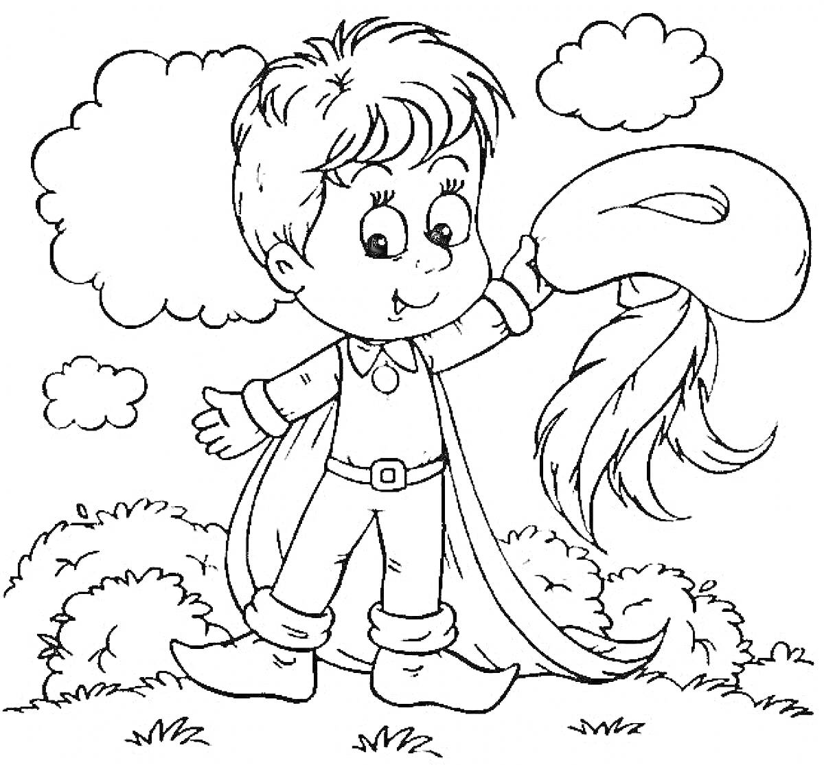 Раскраска Мальчик с пальчик с шляпой и плащом на фоне кустов и облаков