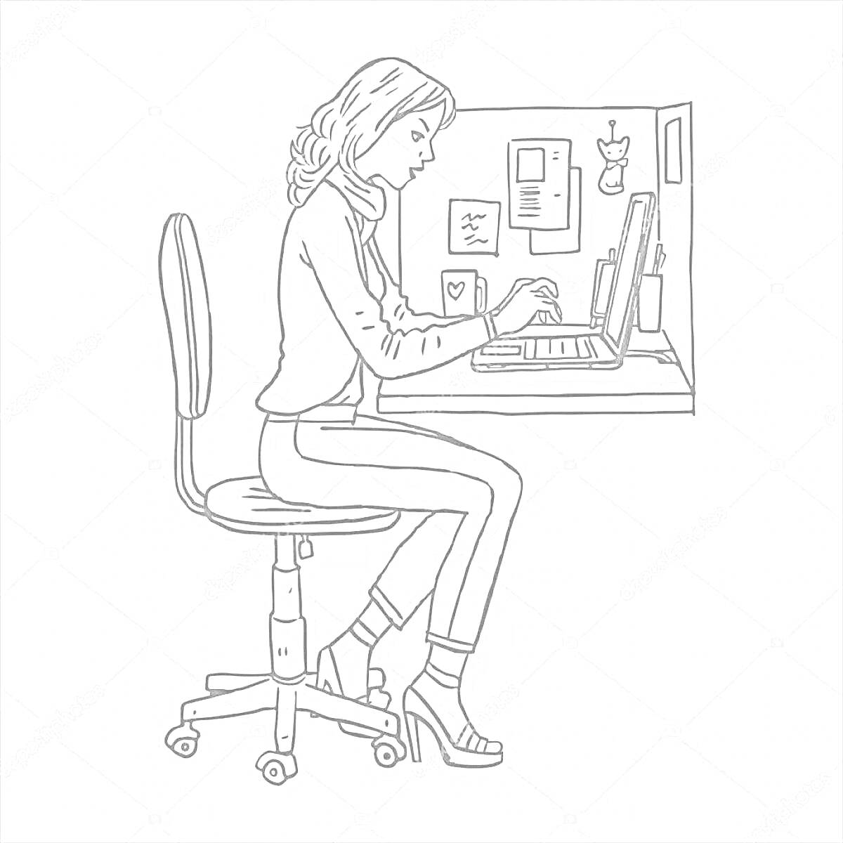 Раскраска Женщина-экономист за работой, сидящая за столом с ноутбуком, на стене доска с заметками и кружка рядом.