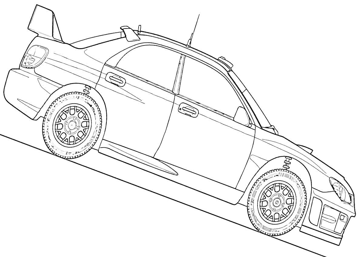 Раскраска Subaru Impreza с антикрылом, антенной, спортивными дисками и шинами, на уклоне