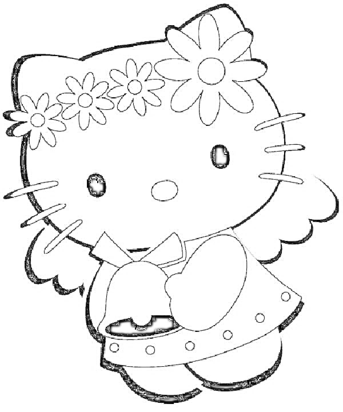 Раскраска Hello Kitty с ободком из цветов и крылышками, в платье и с бантиком