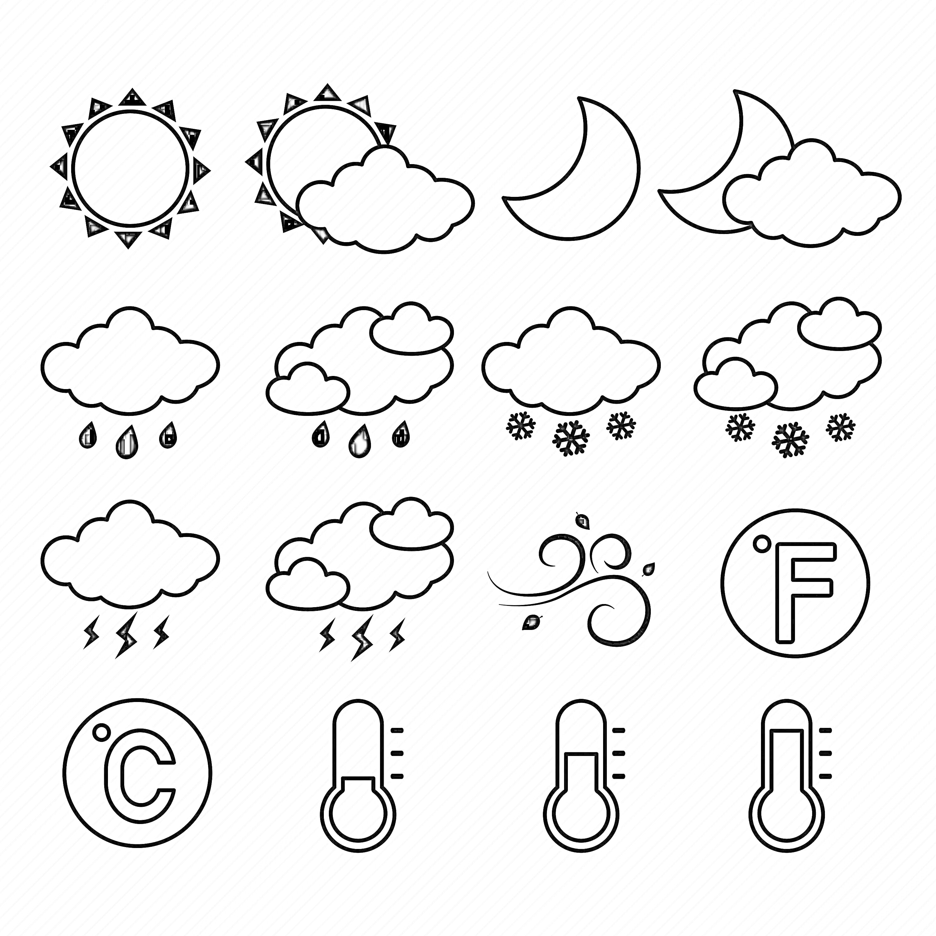На раскраске изображено: Солнце, Облака, Луна, Дождь, Снег, Гроза, Ветер, Температура, Фаренгейт, Термометр