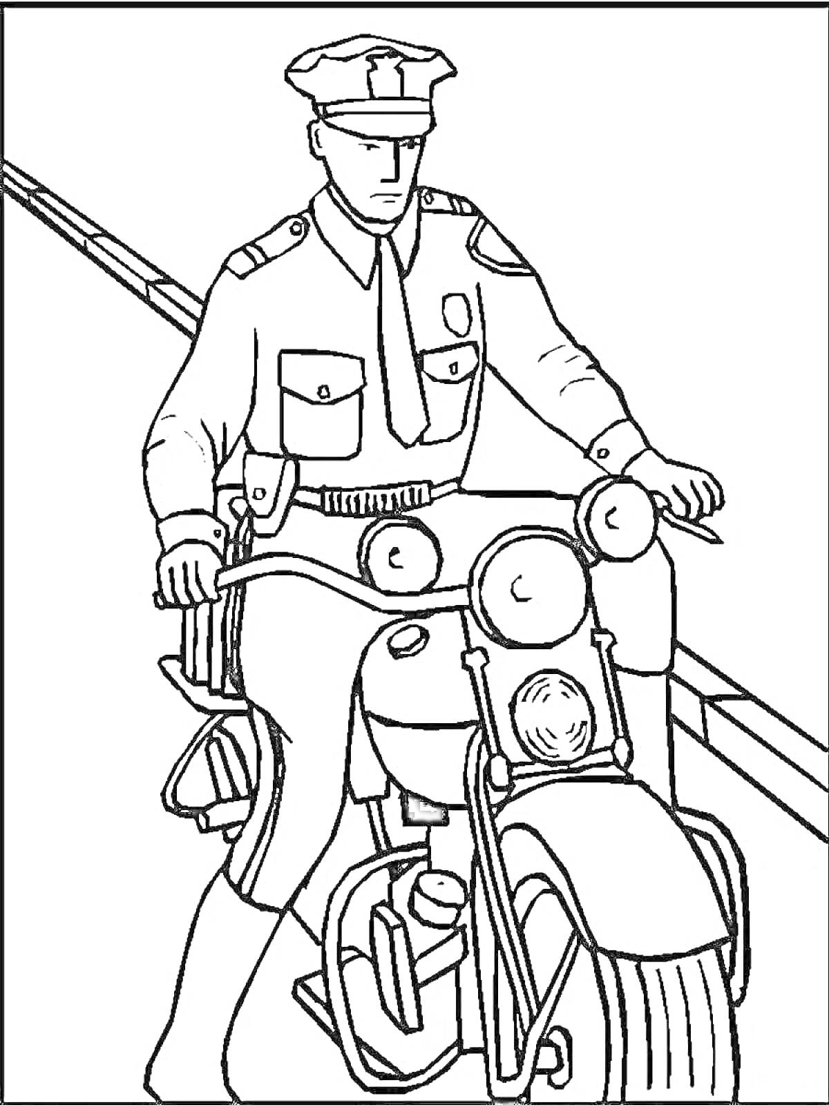 На раскраске изображено: Мотоцикл, Форма, Патруль, Ремень, Фары, Офицер, Дороги, Шлемы