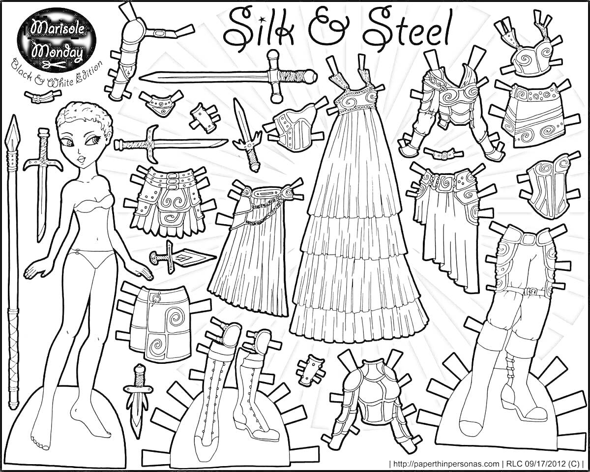 На раскраске изображено: Одежда, Доспехи, Меч, Творчество, Бумажная кукла