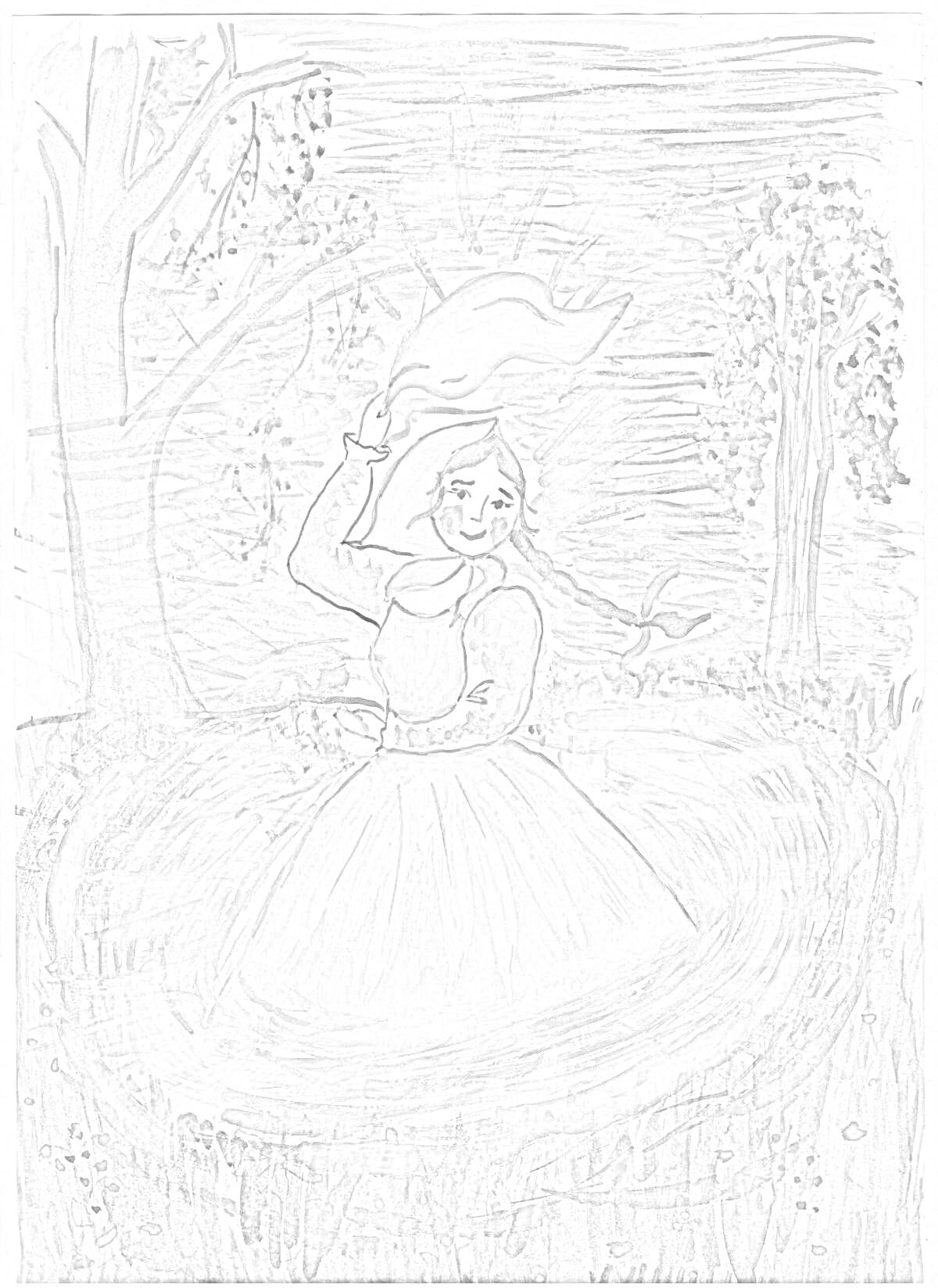 Раскраска Девушка с распущенными волосами в лесу у водоёма, деревья на заднем плане